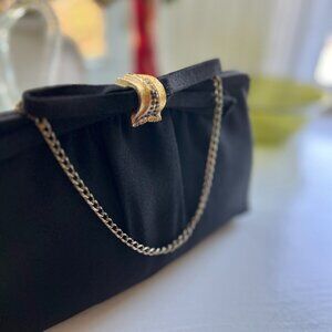 Vintage Black Evening Bag: Rhinestone Clasp, Chain Strap, Coin Pouch